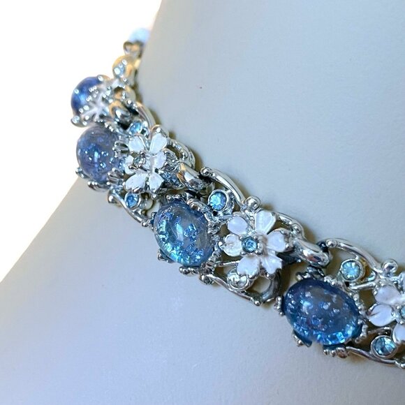 Vintage 1950s Choker Necklace Blue Rhinestone Confetti Lucite Floral Enamel READ - Picture 16 of 16
